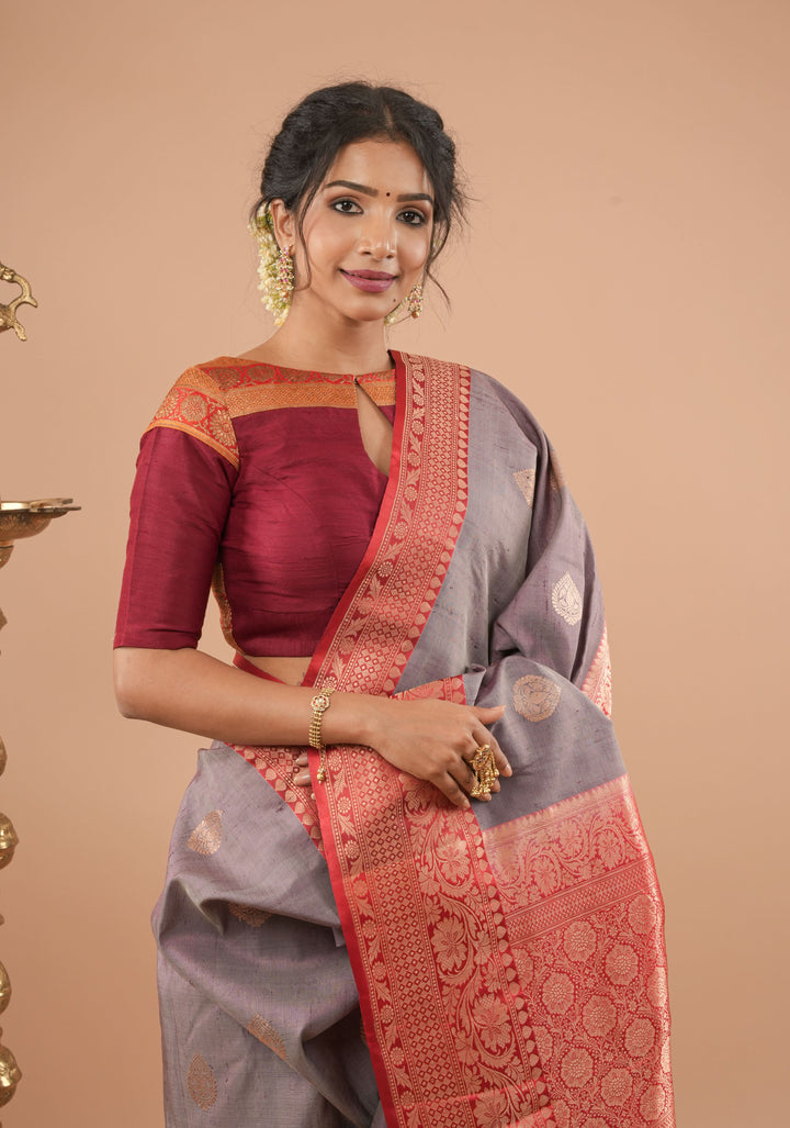 Maroon Pure Raw Silk Blouse With Antique Tone Zari Panel, Customizable, Made to Order