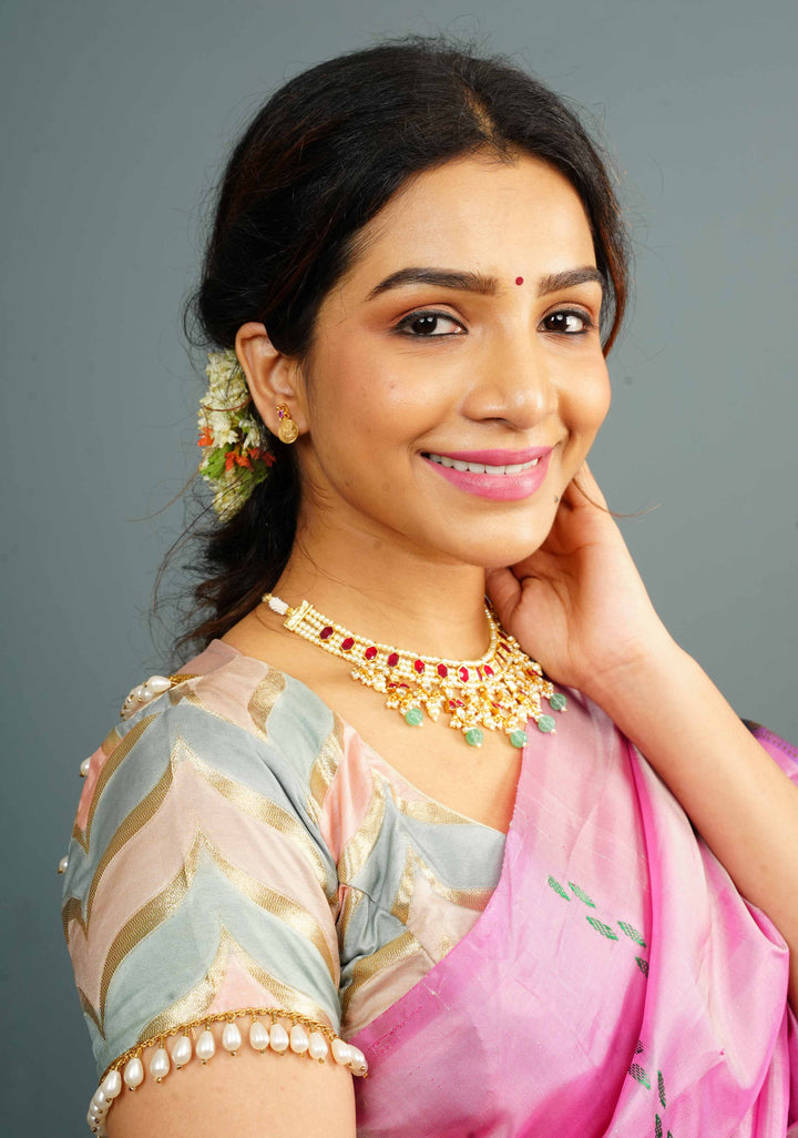 Banarasi Blouse in Gray Pink rangkaat designin pastel hues with beaded back detailing, Customizable, Made to Order