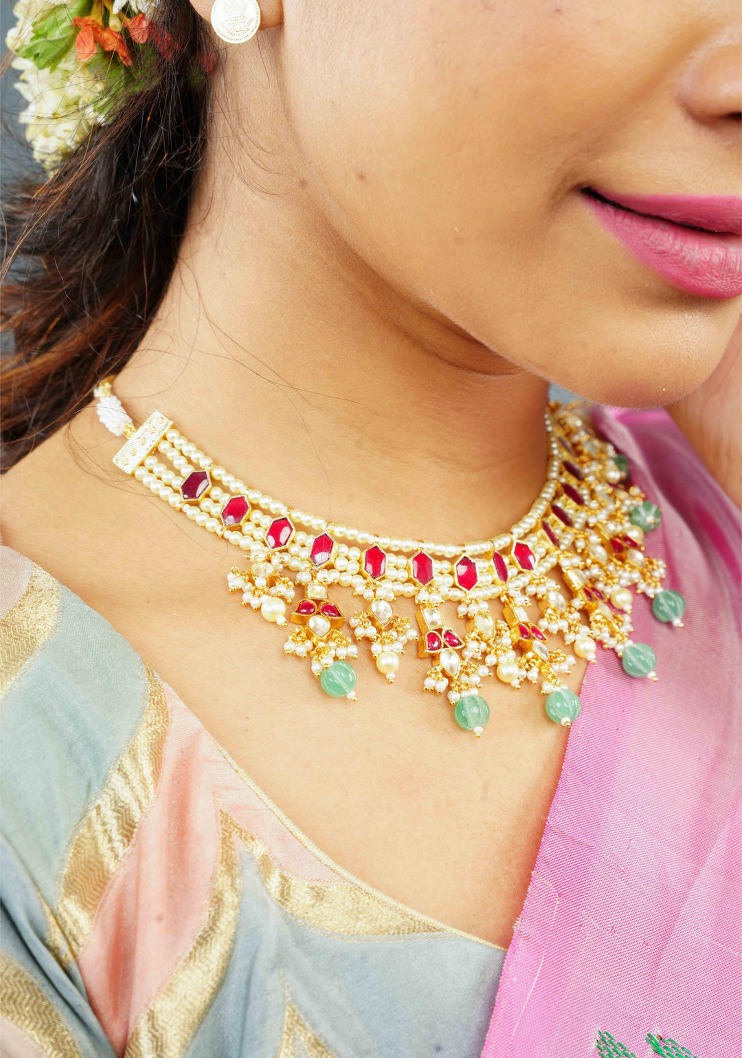 Red stone Necklale Set with dangling Beads | Shobitam Jewelry