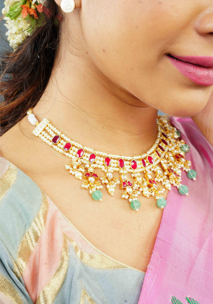 Red stone Necklale Set with dangling Beads | Shobitam Jewelry