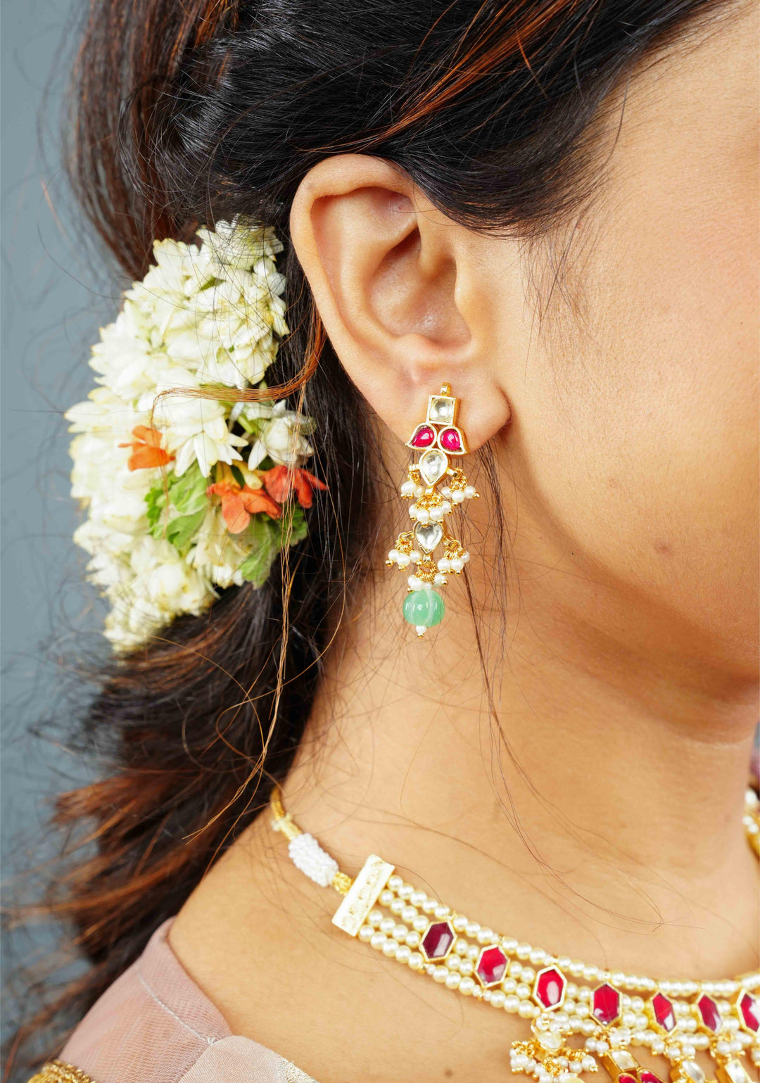 Red stone Necklale Set with dangling Beads | Shobitam Jewelry