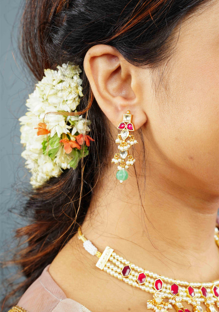 Red stone Necklale Set with dangling Beads | Shobitam Jewelry
