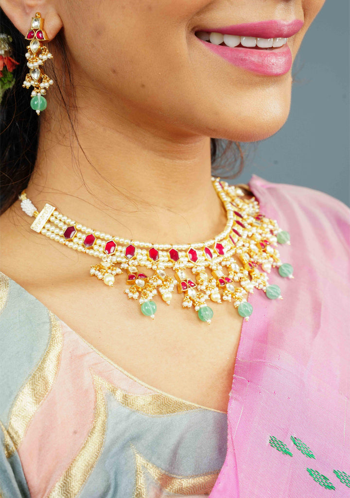 Red stone Necklale Set with dangling Beads | Shobitam Jewelry