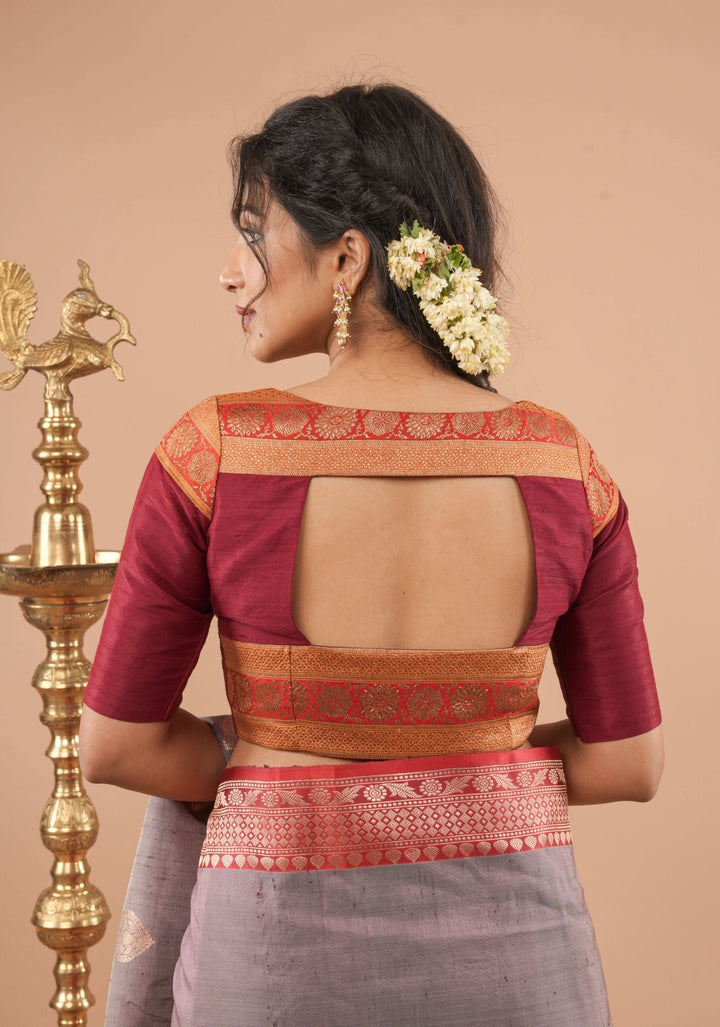 Maroon Pure Raw Silk Blouse With Antique Tone Zari Panel, Customizable, Made to Order