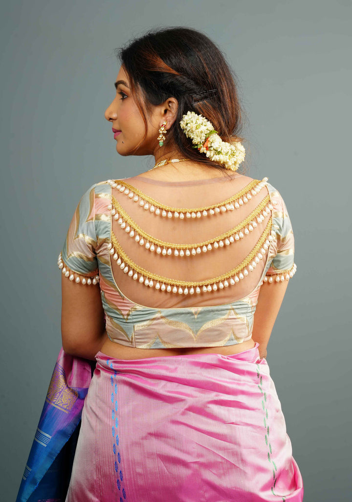 Banarasi Blouse in Gray Pink rangkaat designin pastel hues with beaded back detailing, Customizable, Made to Order