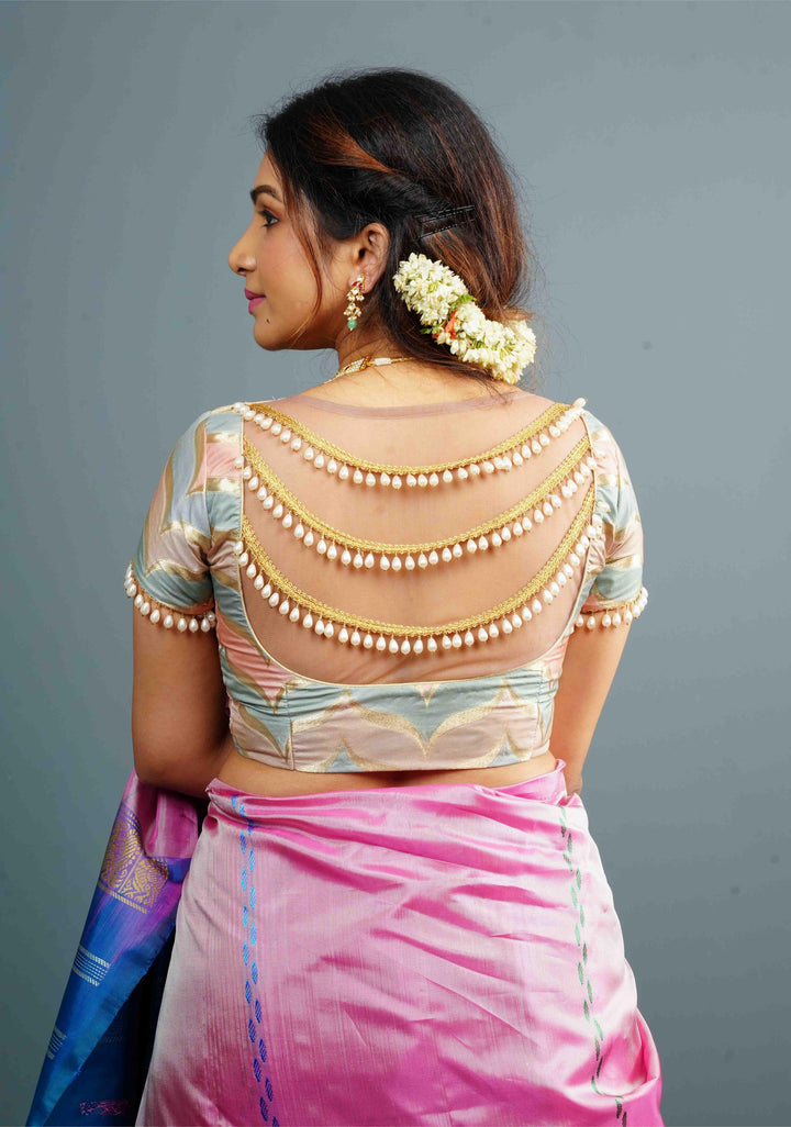 Banarasi Blouse in Gray Pink rangkaat designin pastel hues with beaded back detailing, Customizable, Made to Order