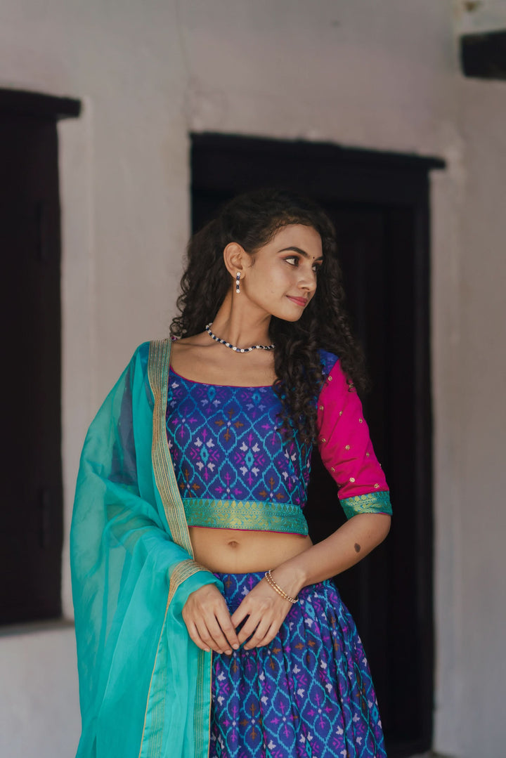 Shades of Blue Ikkat Print 3 PIece Crop Top with Skirt and Dupatta Set in Art Silk | Made To Order