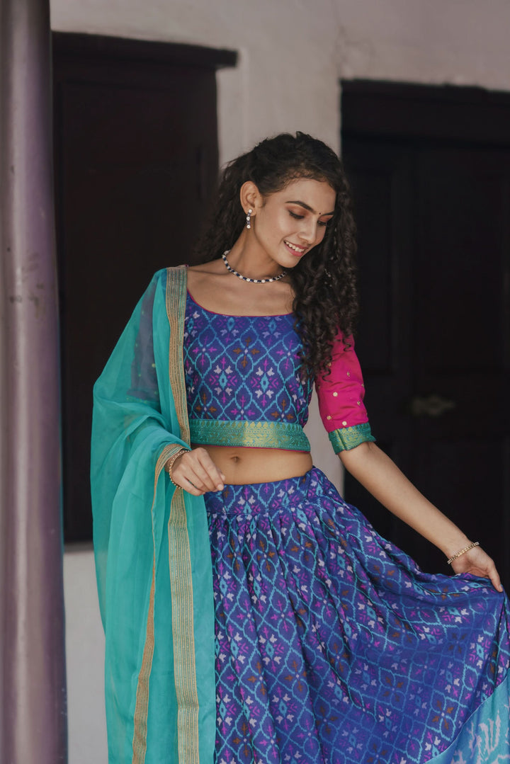 Shades of Blue Ikkat Print 3 PIece Crop Top with Skirt and Dupatta Set in Art Silk | Made To Order