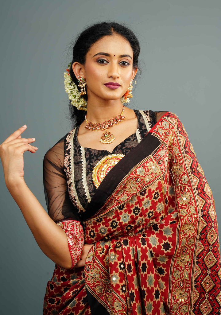 Koti Style Blouse in Black and red with Kalamkamkari Block Print, Net and Gota detailing and backless pattern, Customizable, Made to order!