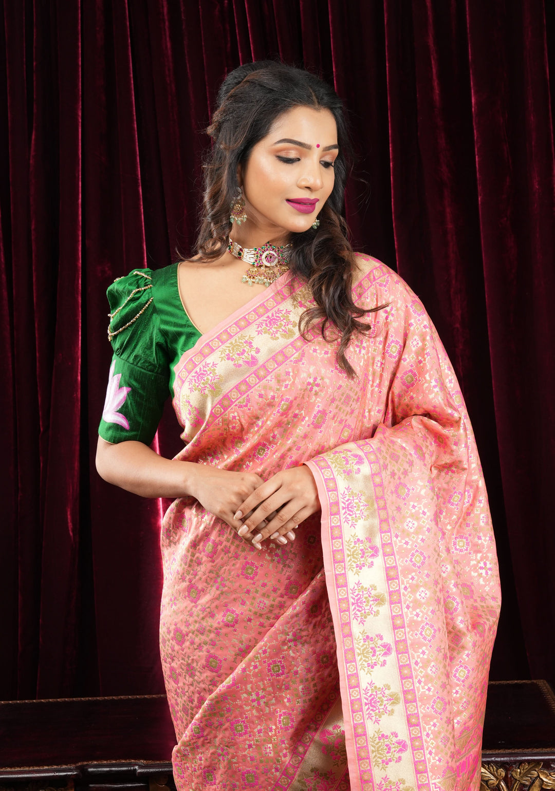 Exquisite Coral Pink Semi Silk Saree with Patola Ikkat Meenakari Zari Border and Pallu