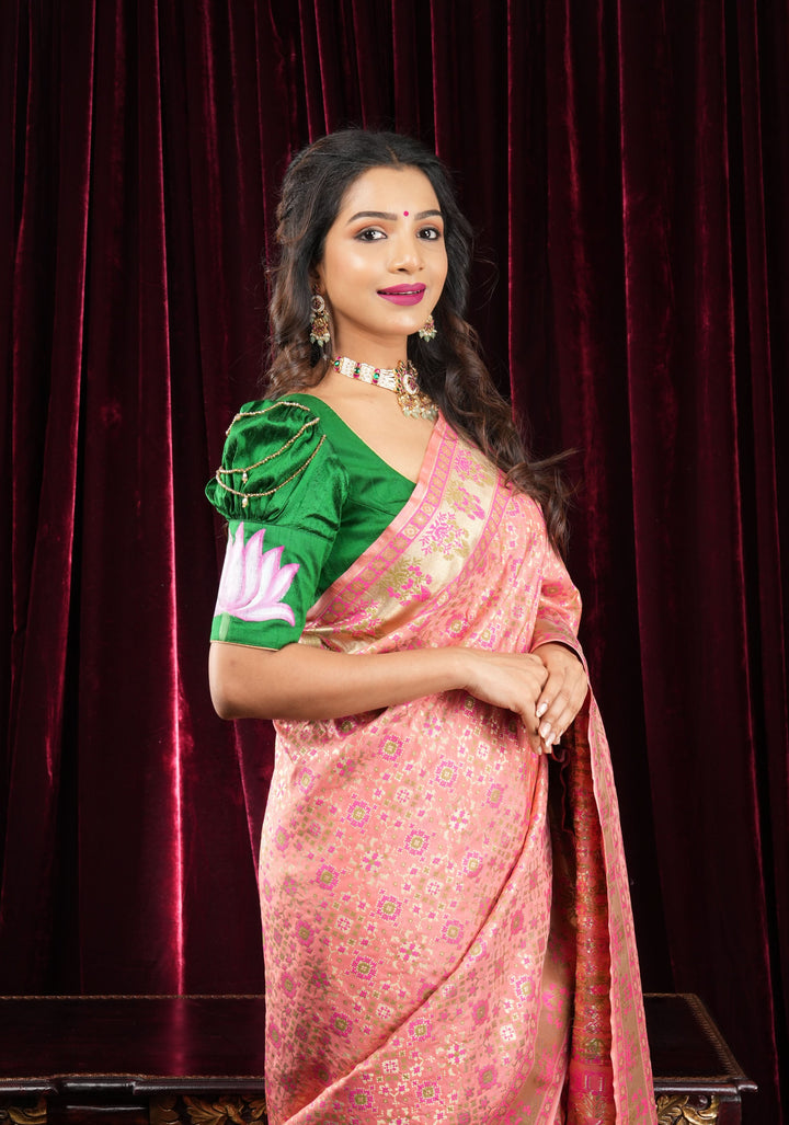 Exquisite Coral Pink Semi Silk Saree with Patola Ikkat Meenakari Zari Border and Pallu