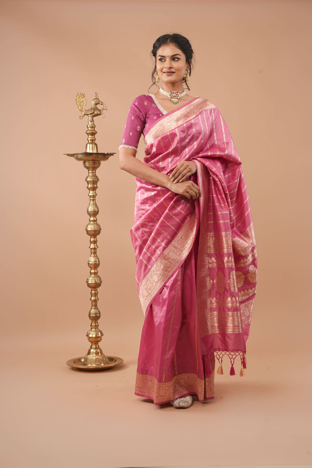Bubblegum Pink Stunning Pure Katan Silk Banarasi Saree with ornate 2 design vertical stripes | SILK MARK CERTIFIED