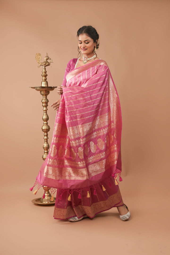 Bubblegum Pink Stunning Pure Katan Silk Banarasi Saree with ornate 2 design vertical stripes | SILK MARK CERTIFIED