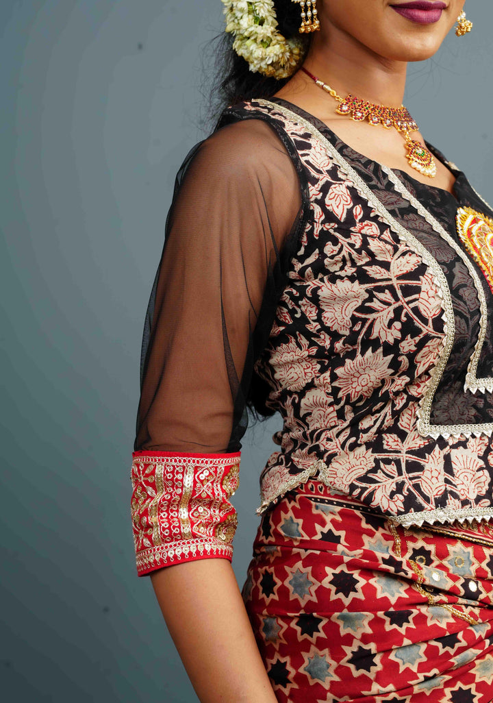 Koti Style Blouse in Black and red with Kalamkamkari Block Print, Net and Gota detailing and backless pattern, Customizable, Made to order!