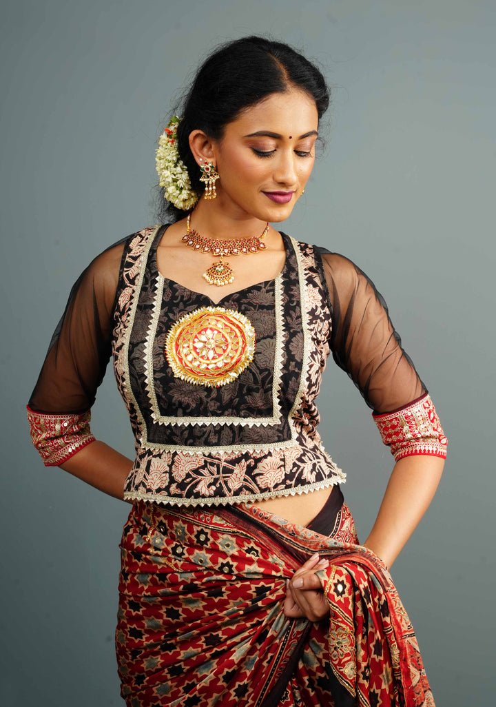 Koti Style Blouse in Black and red with Kalamkamkari Block Print, Net and Gota detailing and backless pattern, Customizable, Made to order!
