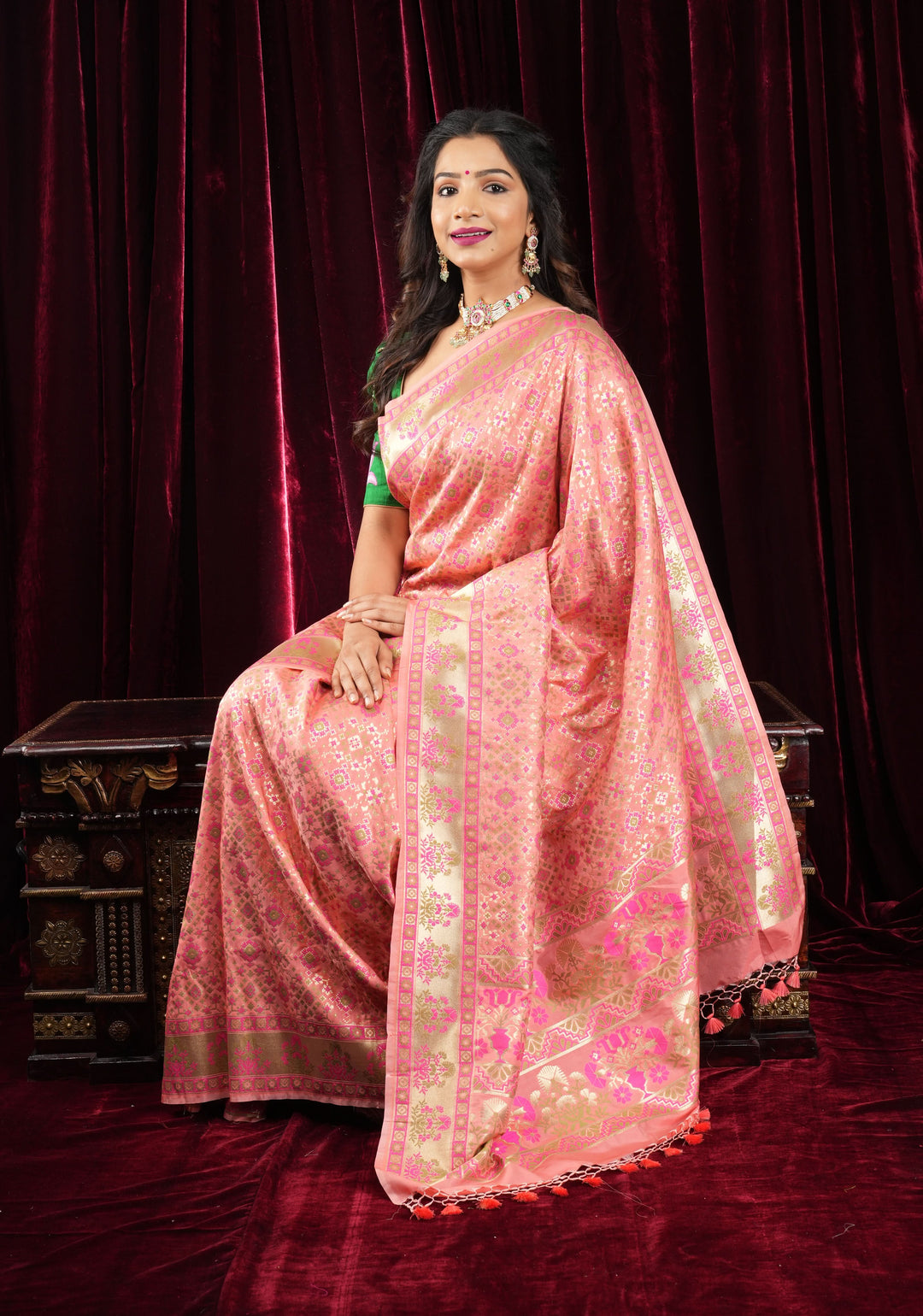 Exquisite Coral Pink Semi Silk Saree with Patola Ikkat Meenakari Zari Border and Pallu