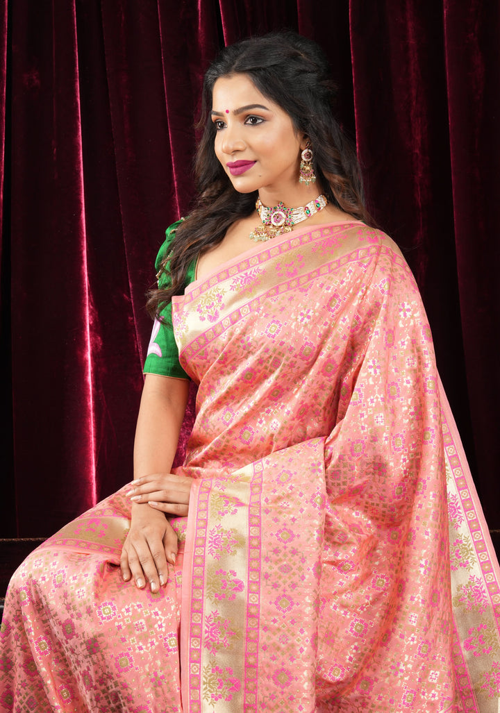 Exquisite Coral Pink Semi Silk Saree with Patola Ikkat Meenakari Zari Border and Pallu