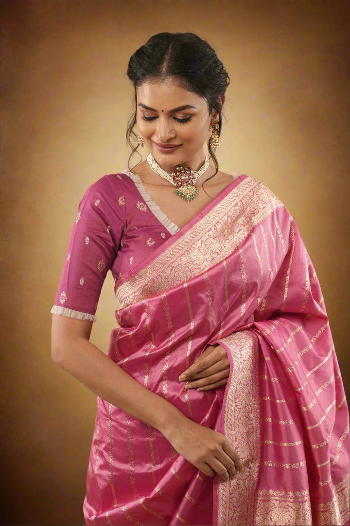 Bubblegum Pink Stunning Pure Katan Silk Banarasi Saree with ornate 2 design vertical stripes | SILK MARK CERTIFIED