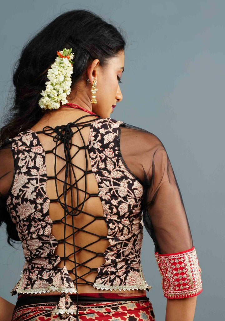 Koti Style Blouse in Black and red with Kalamkamkari Block Print, Net and Gota detailing and backless pattern, Customizable, Made to order!