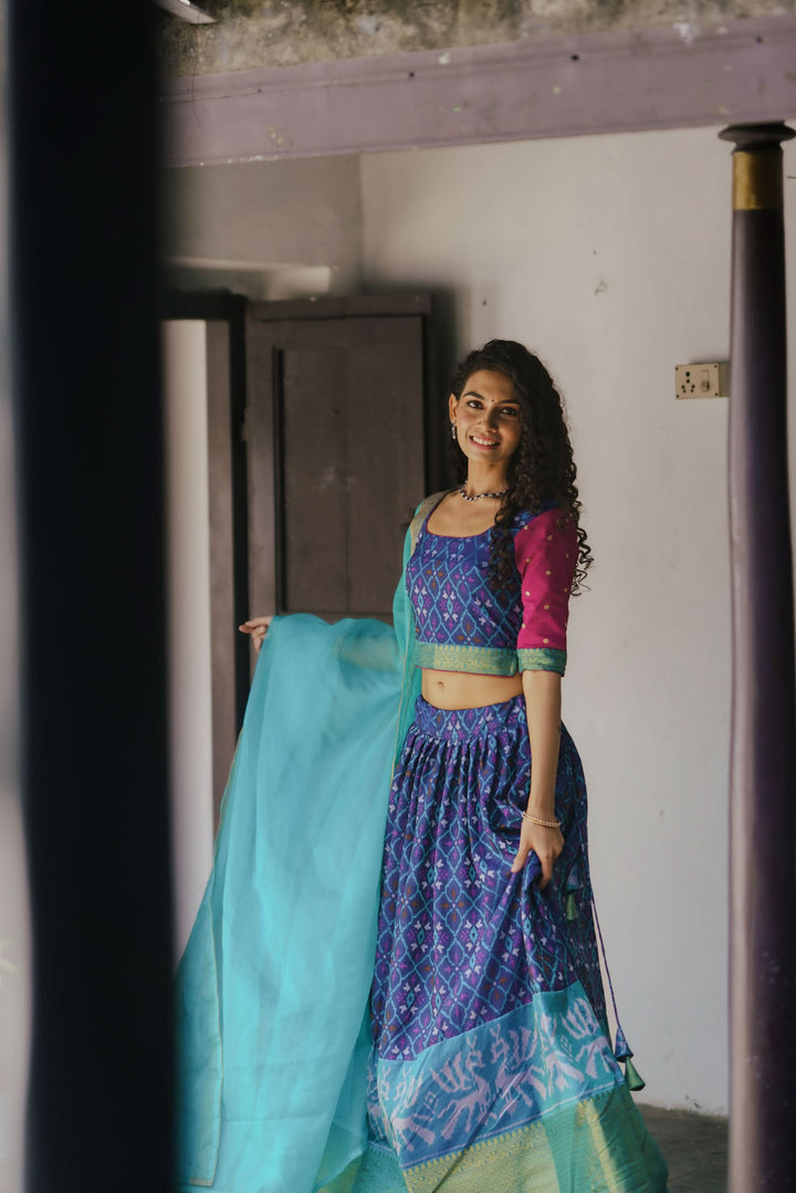 Shades of Blue Ikkat Print 3 PIece Crop Top with Skirt and Dupatta Set in Art Silk | Made To Order
