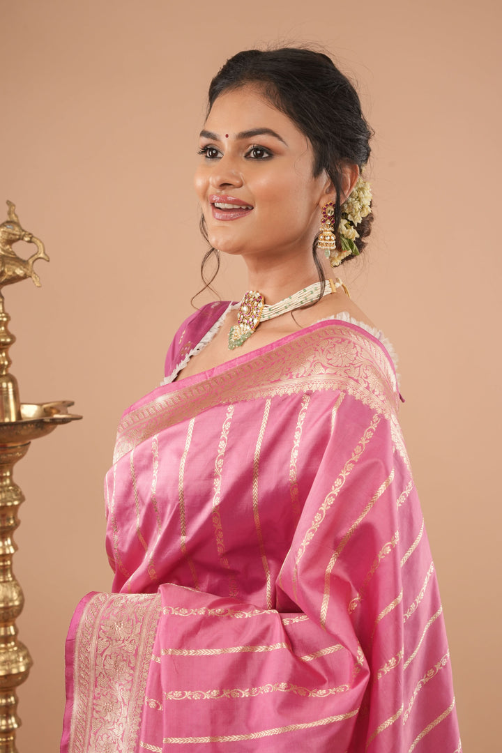 Bubblegum Pink Stunning Pure Katan Silk Banarasi Saree with ornate 2 design vertical stripes | SILK MARK CERTIFIED