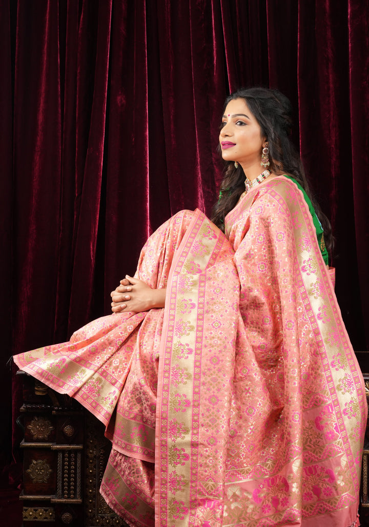 Exquisite Coral Pink Semi Silk Saree with Patola Ikkat Meenakari Zari Border and Pallu