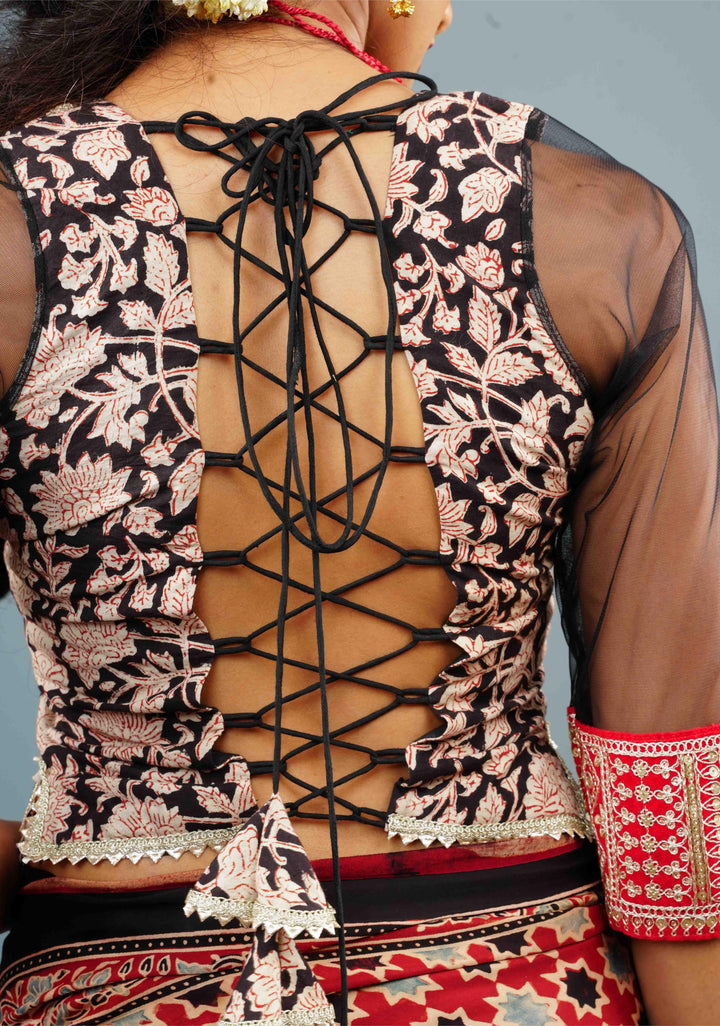 Koti Style Blouse in Black and red with Kalamkamkari Block Print, Net and Gota detailing and backless pattern, Customizable, Made to order!