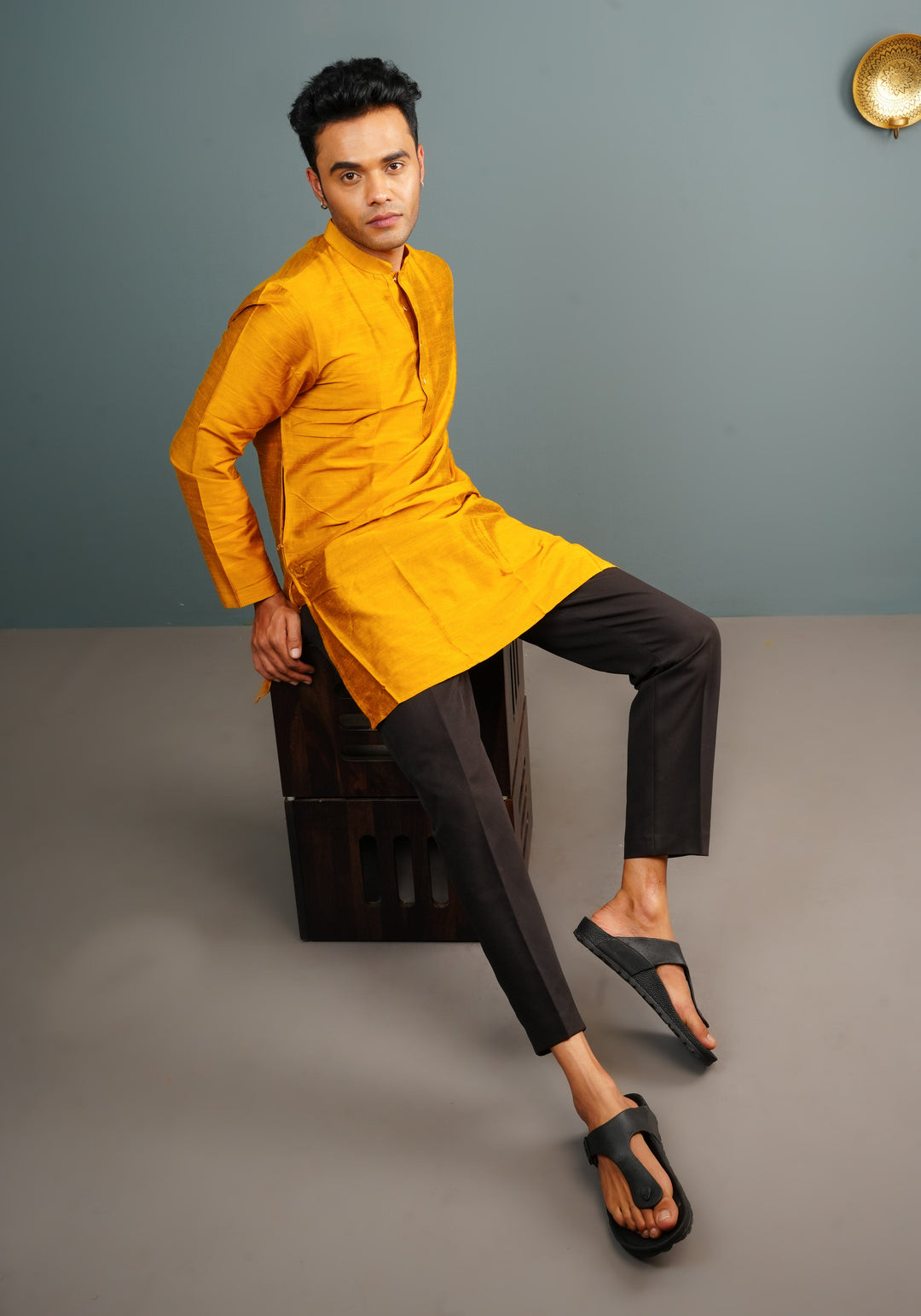 Men's Cotton Solid Straight Short Kurta in Mustard Yellow