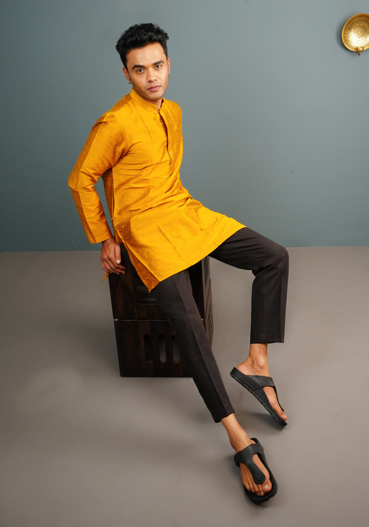 Men's Cotton Solid Straight Short Kurta in Mustard Yellow