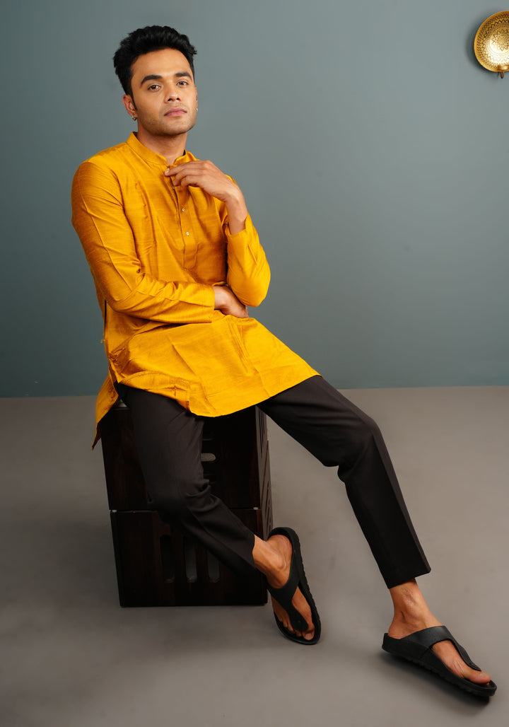 Men's Cotton Solid Straight Short Kurta in Mustard Yellow
