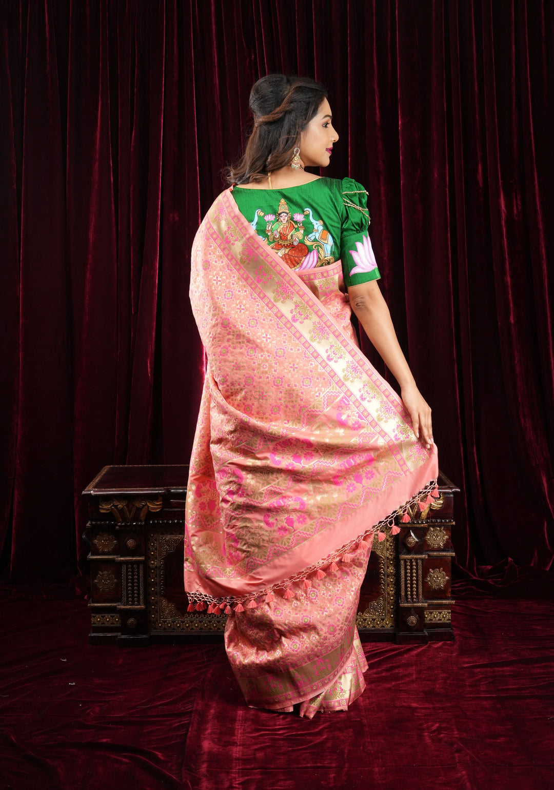 Exquisite Coral Pink Semi Silk Saree with Patola Ikkat Meenakari Zari Border and Pallu