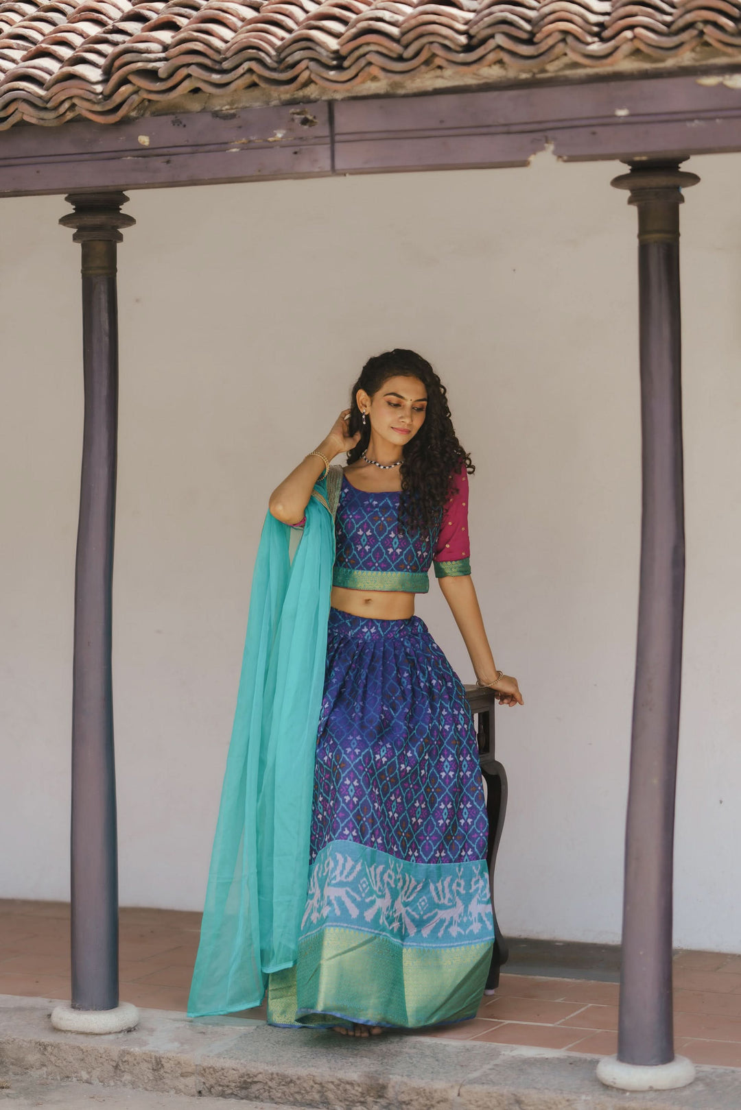 Shades of Blue Ikkat Print 3 PIece Crop Top with Skirt and Dupatta Set in Art Silk | Made To Order