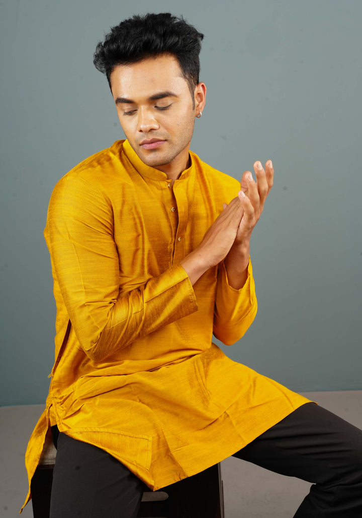 Men's Cotton Solid Straight Short Kurta in Mustard Yellow