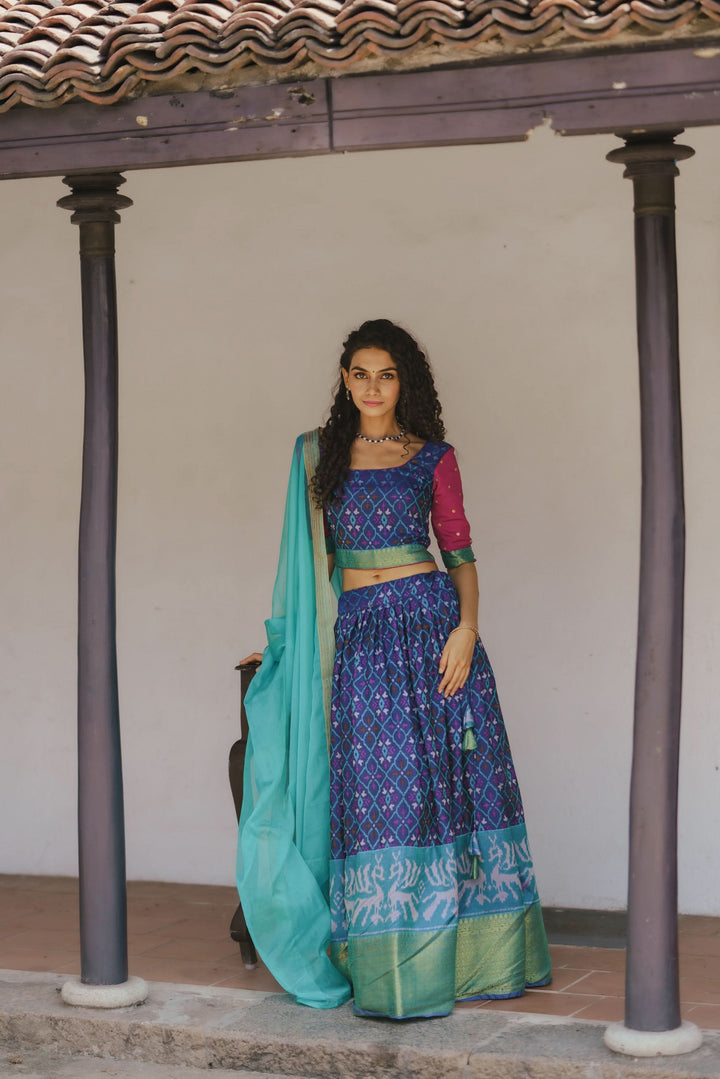 Shades of Blue Ikkat Print 3 PIece Crop Top with Skirt and Dupatta Set in Art Silk | Made To Order