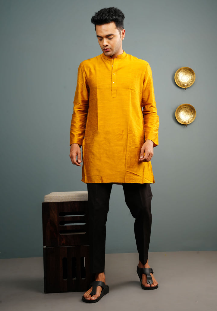 Men's Cotton Solid Straight Short Kurta in Mustard Yellow
