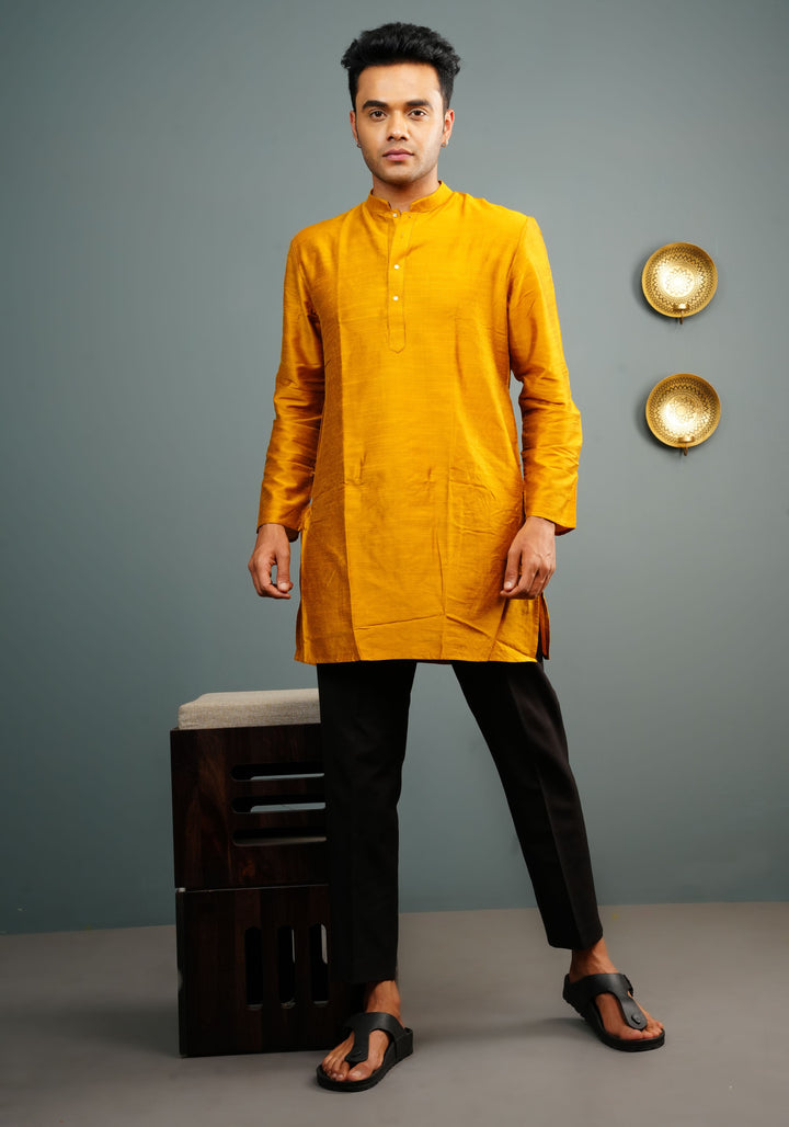 Men's Cotton Solid Straight Short Kurta in Mustard Yellow