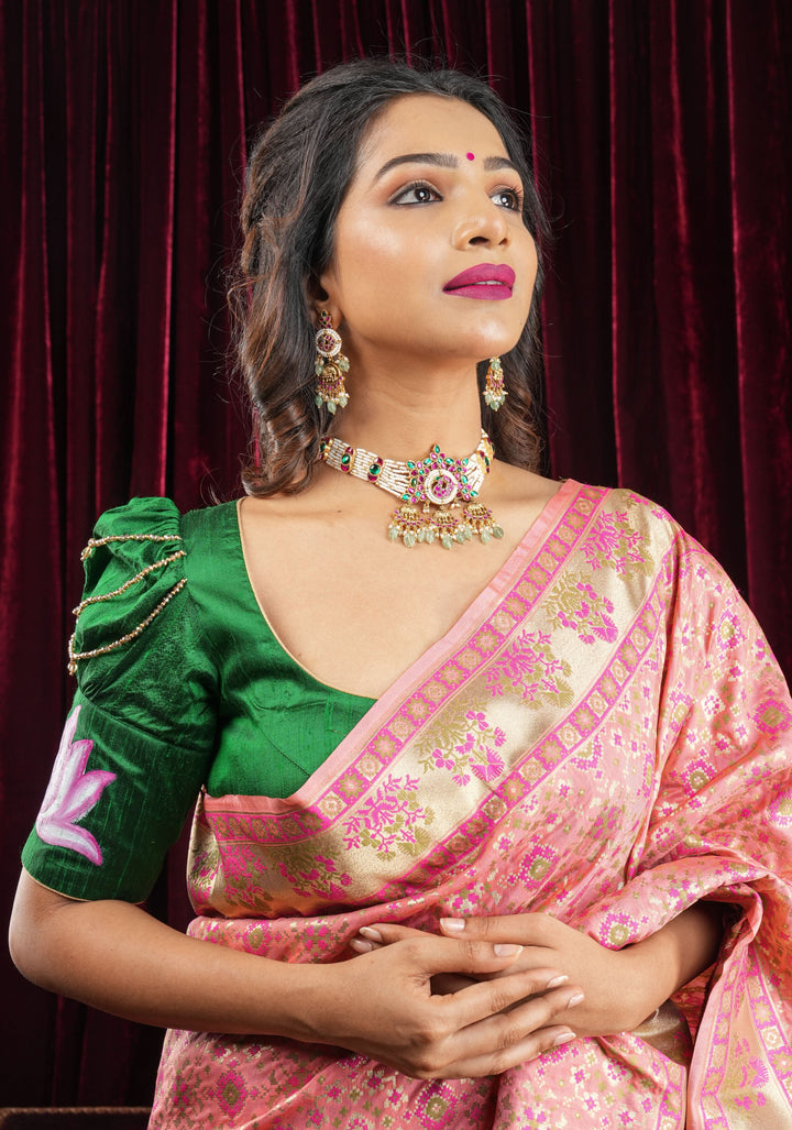 Exquisite Lakshmi Handpainted Blouse on Green Pure Raw Silk with Puff Sleeves and Crystal detailing