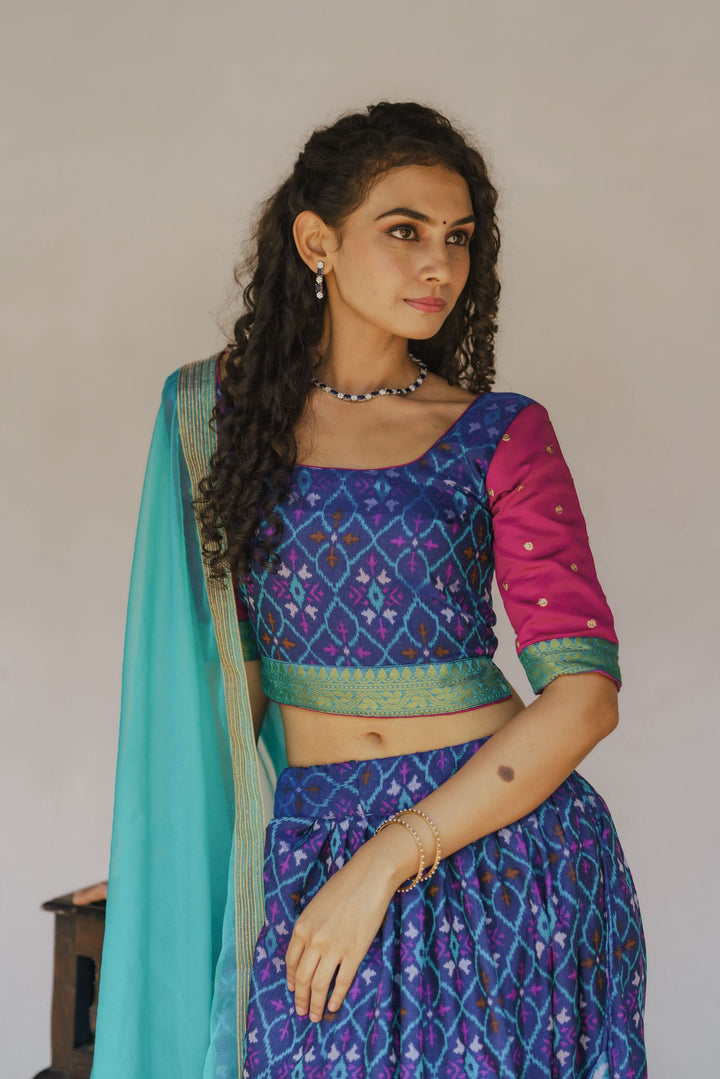 Shades of Blue Ikkat Print 3 PIece Crop Top with Skirt and Dupatta Set in Art Silk | Made To Order