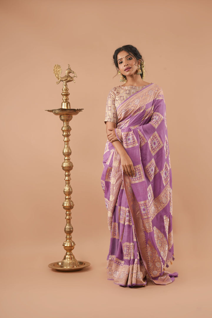 Alfi Sona Rupa Lavender Banarasi Pure Georgette Saree with square motifs and zari Border  | SILK MARK CERTIFIED