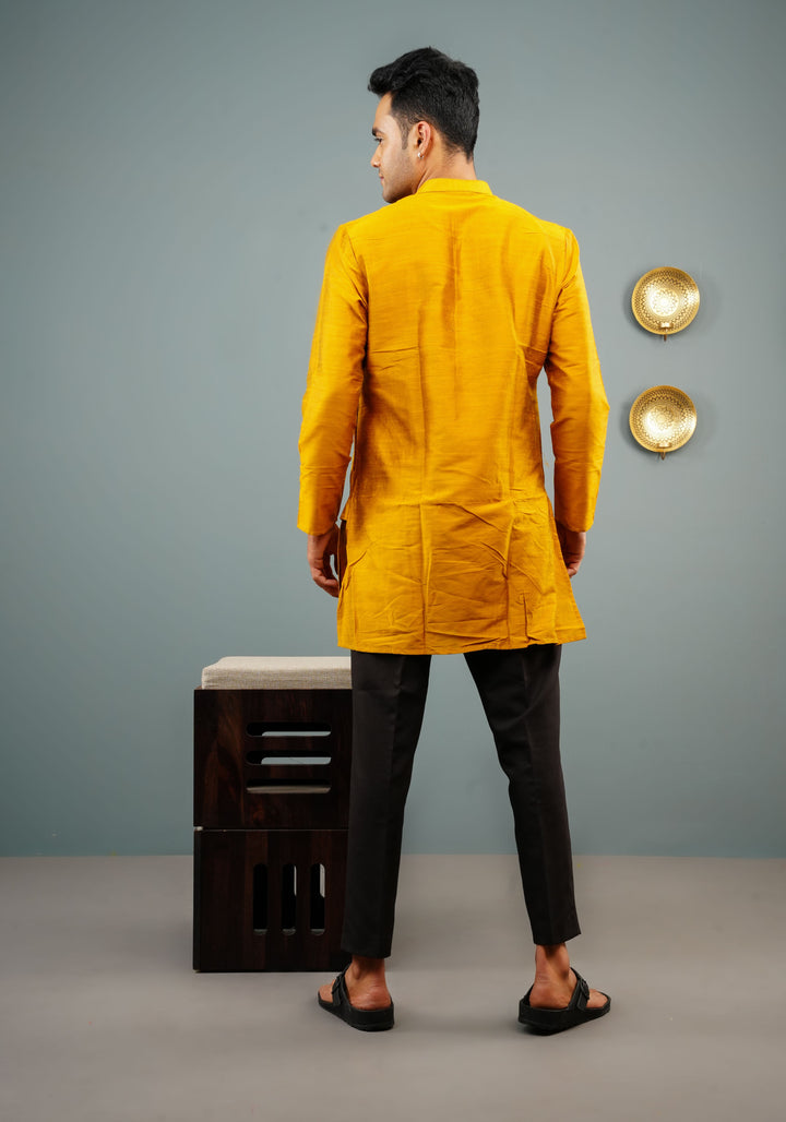 Men's Cotton Solid Straight Short Kurta in Mustard Yellow