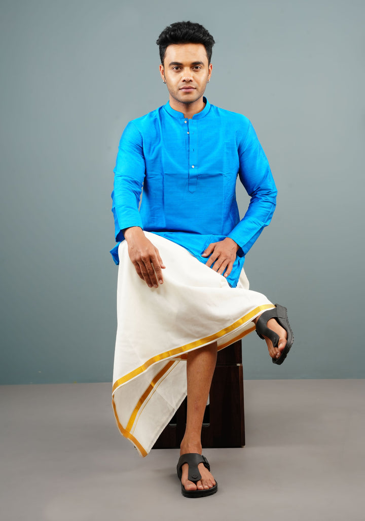 Men's Bright Blue Cotton Solid Straight Short Kurta