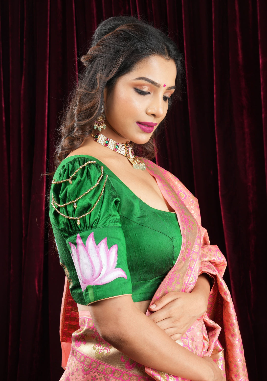 Exquisite Lakshmi Handpainted Blouse on Green Pure Raw Silk with Puff Sleeves and Crystal detailing