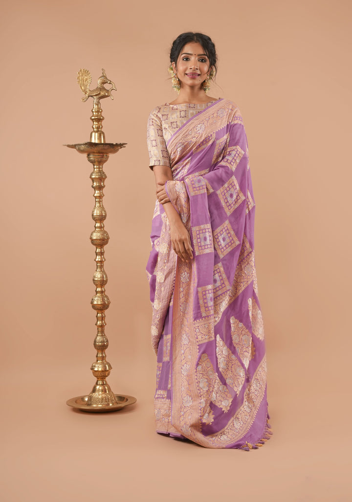 Alfi Sona Rupa Lavender Banarasi Pure Georgette Saree with square motifs and zari Border  | SILK MARK CERTIFIED