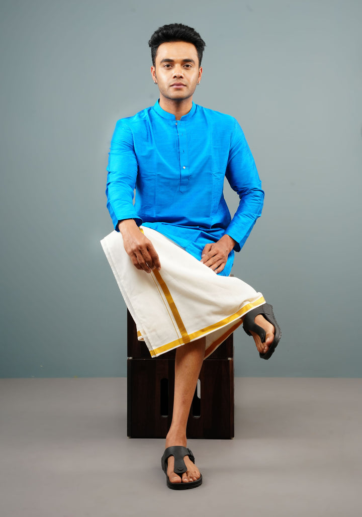 Men's Bright Blue Cotton Solid Straight Short Kurta