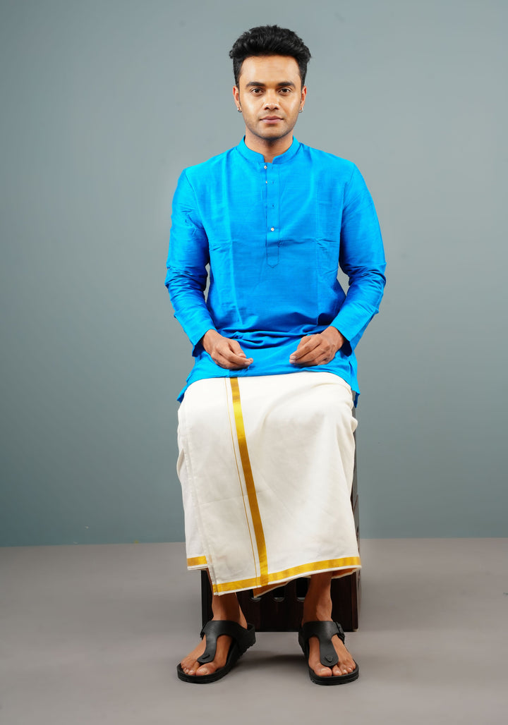 Men's Bright Blue Cotton Solid Straight Short Kurta