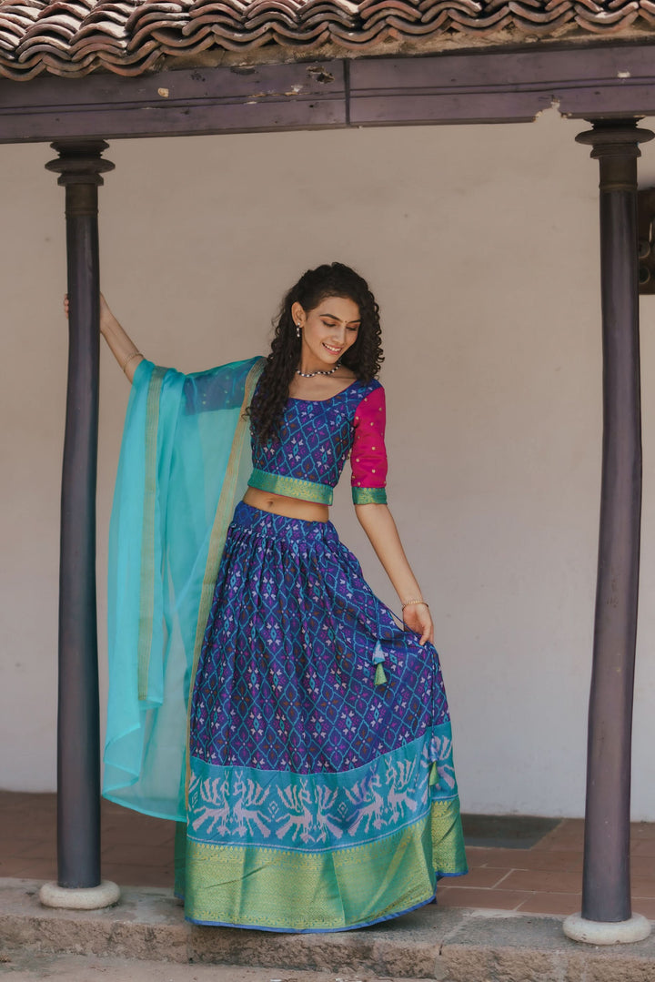Shades of Blue Ikkat Print 3 PIece Crop Top with Skirt and Dupatta Set in Art Silk | Made To Order