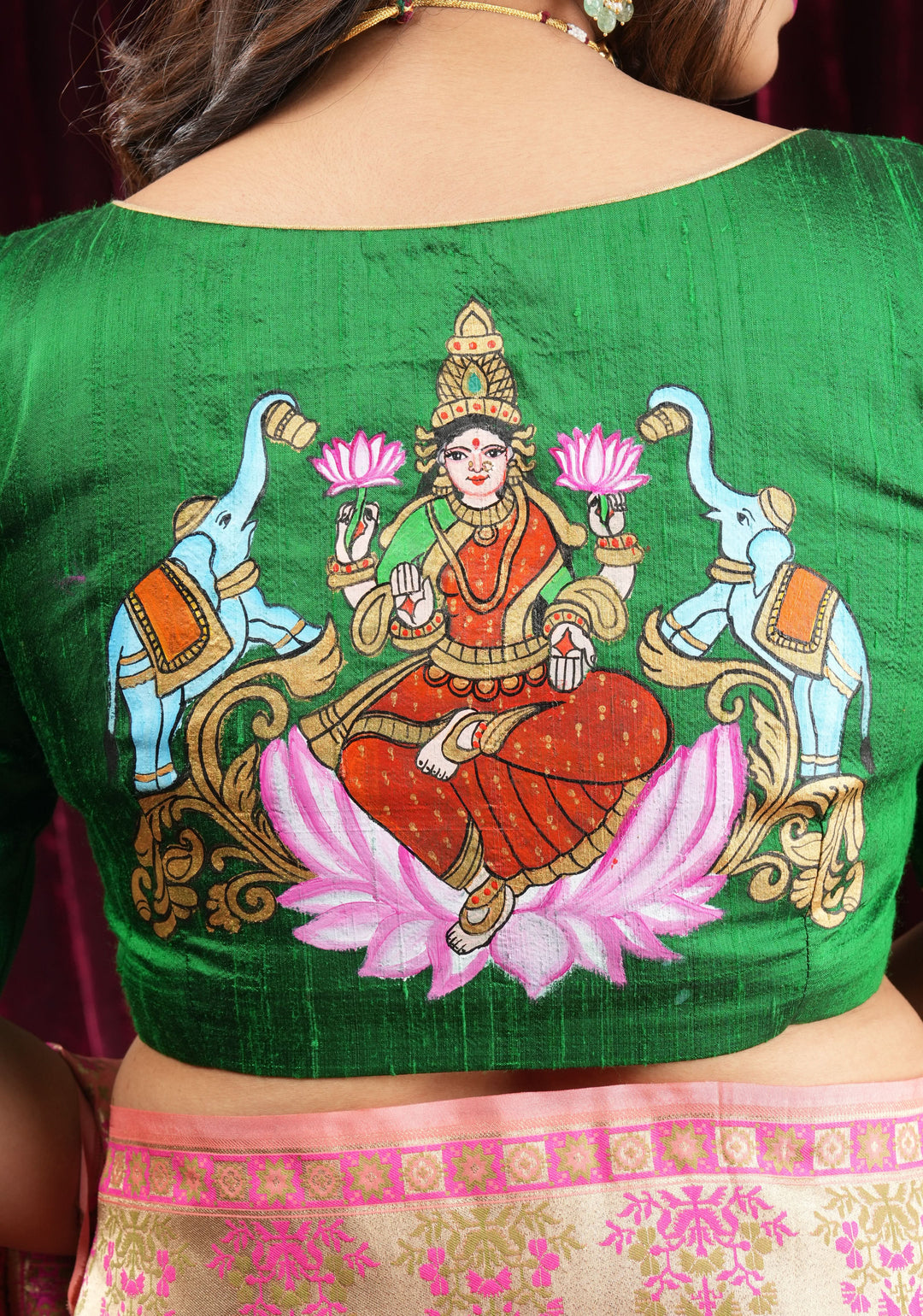 Exquisite Lakshmi Handpainted Blouse on Green Pure Raw Silk with Puff Sleeves and Crystal detailing
