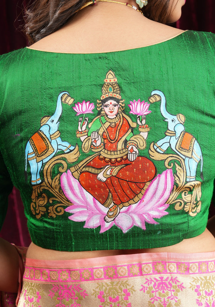 Exquisite Lakshmi Handpainted Blouse on Green Pure Raw Silk with Puff Sleeves and Crystal detailing