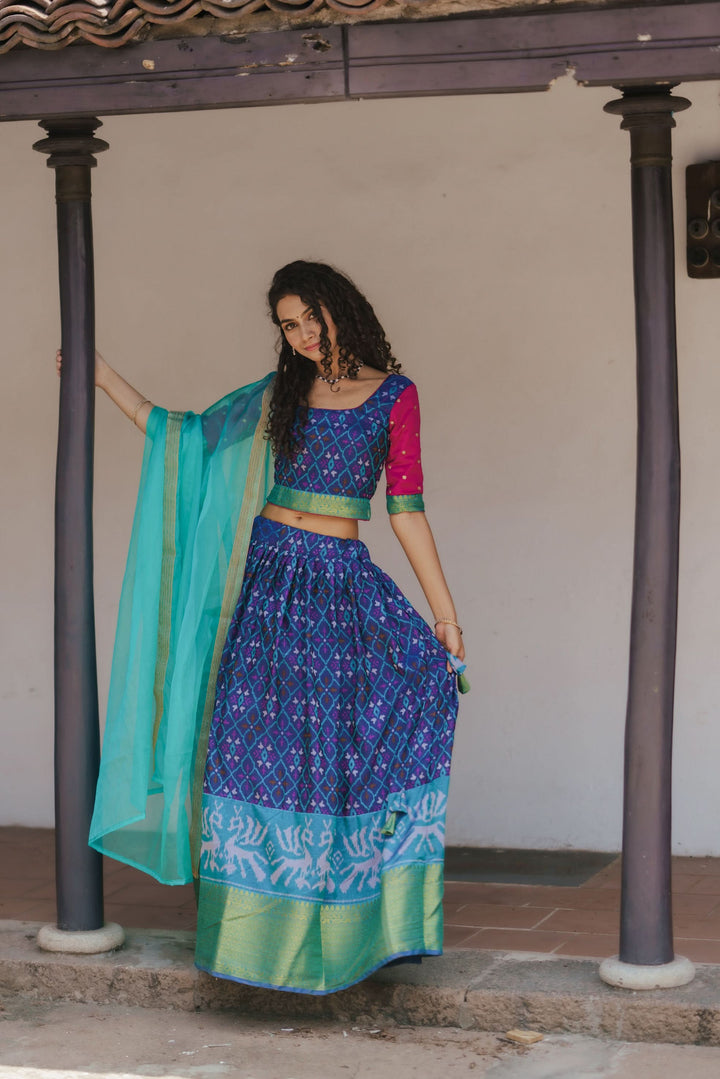 Shades of Blue Ikkat Print 3 PIece Crop Top with Skirt and Dupatta Set in Art Silk | Made To Order