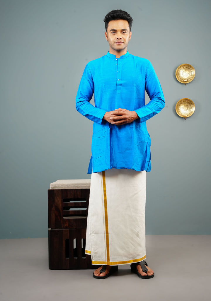 Men's Bright Blue Cotton Solid Straight Short Kurta